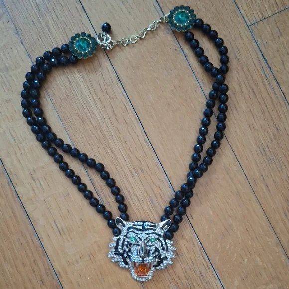 Black Beaded Necklace with Tiger Pendant - Picture 1 of 3